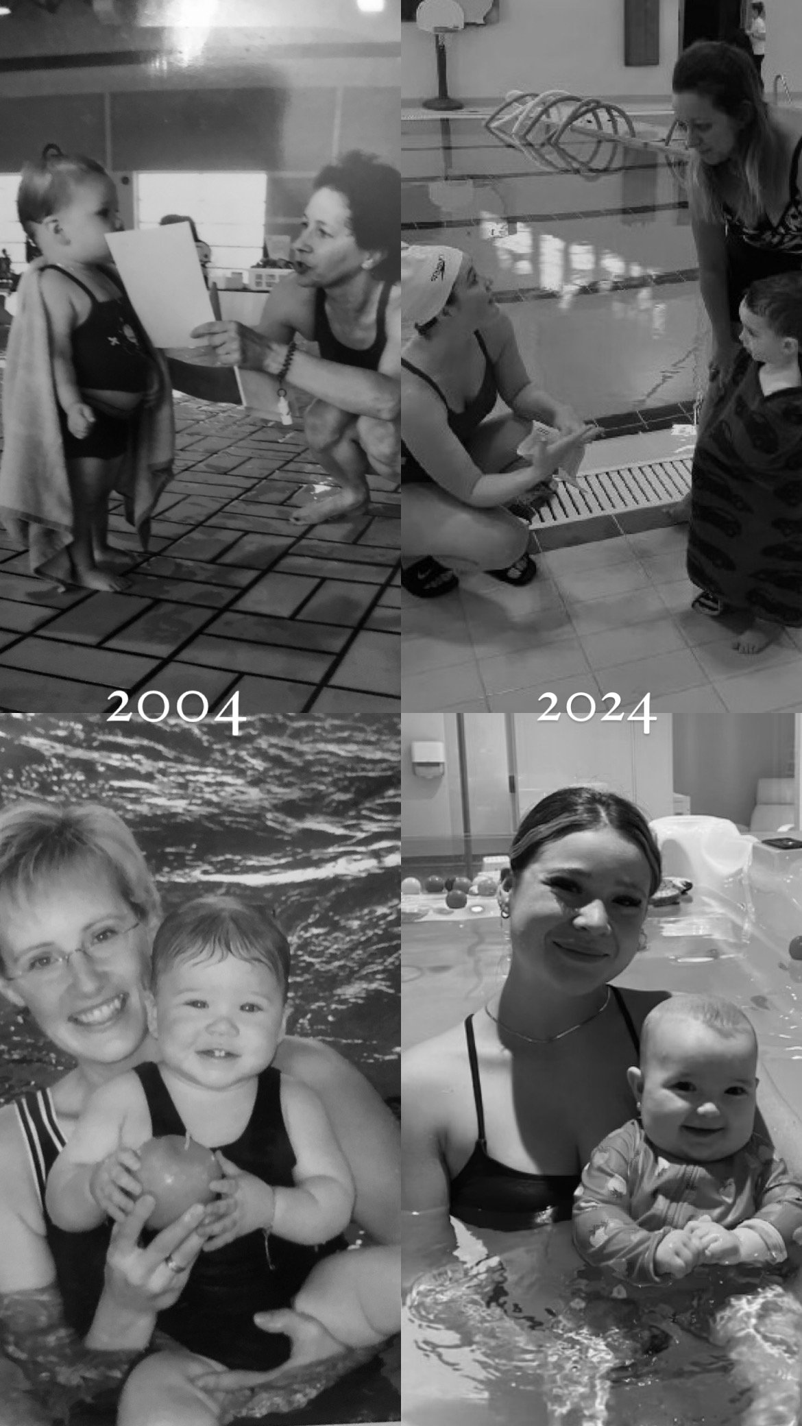 Mathilde en 2004 bébé apprenant à nager avec sa mère, et en 2024 enseignant la natation